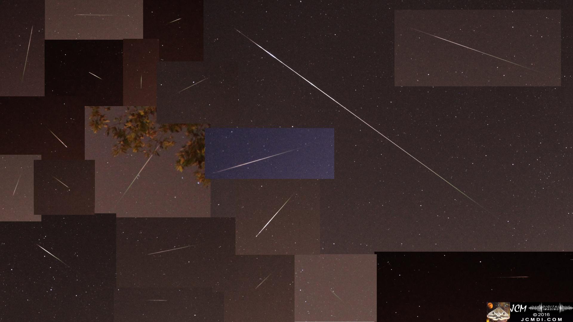 A collage of Perseid Meteor images, taken 8-11-2016. JCMDI.COM